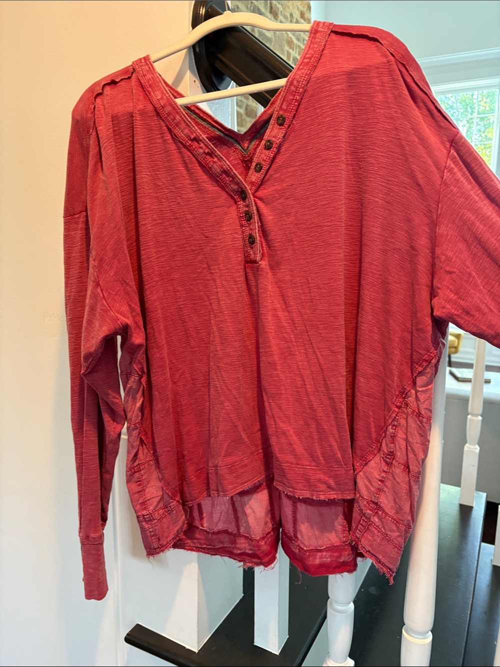 Pilcro Washed Red Button-Front Henley Sweatshirt